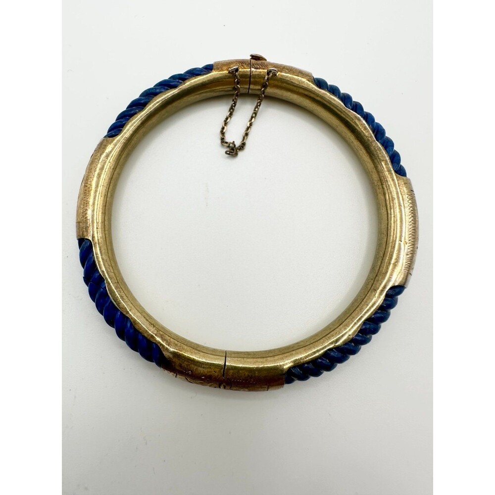 Vintage sterling silver gold plated carved lapis lazuli bangle Bracelet